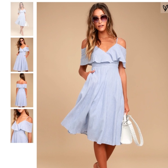 Lulus Dresses & Skirts - NWT Lulus Yacht Blue Striped Off Shoulder Dress